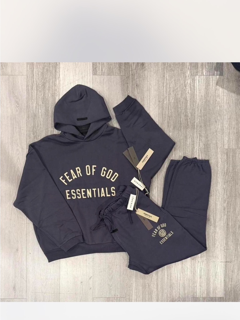 Fear of God Essentials Hoodie & Jogger Set in Navy with Cream Logo marine